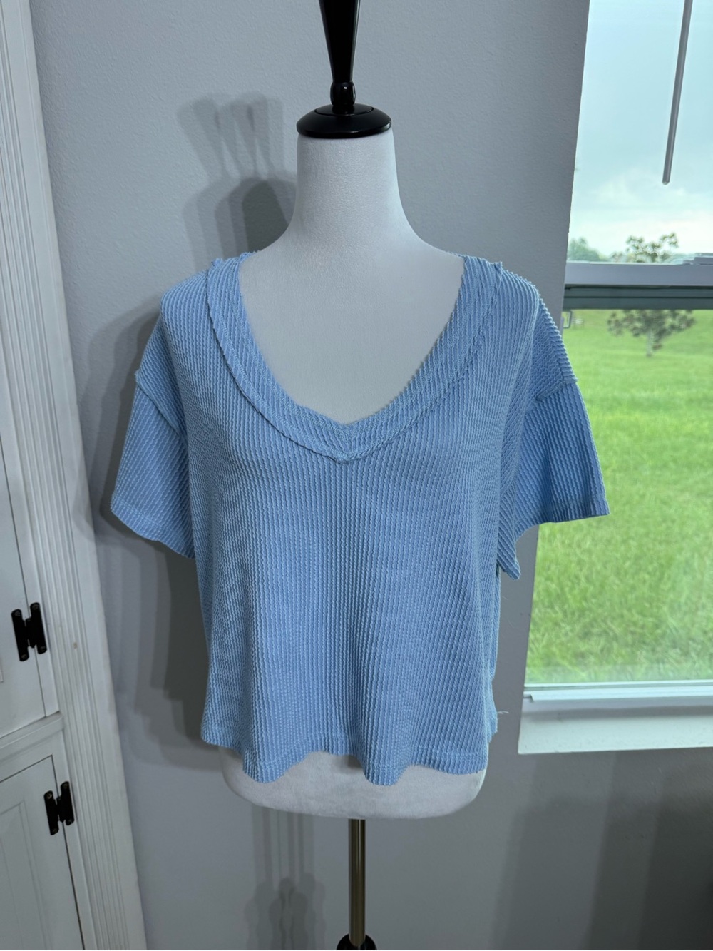 Altar'd State Light Blue V-Neck Waffle Crop Top